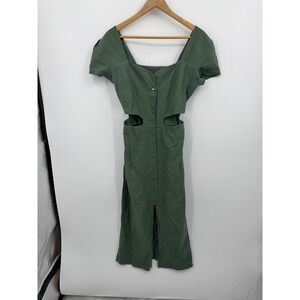 Gaâla Paris Linen Cut-Out Midi Dress Women 38 Green Button Front Short Sleeve